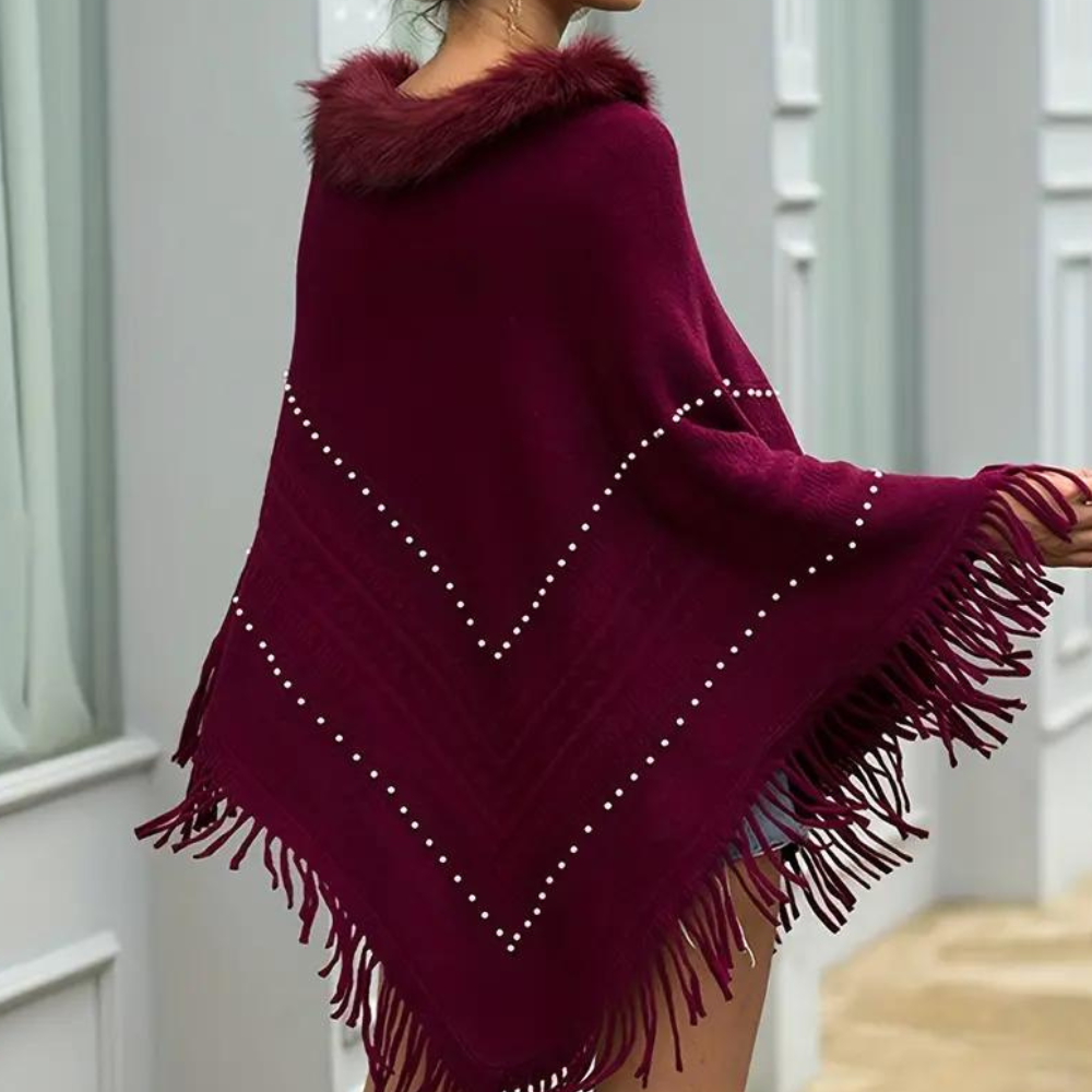 Isabella - Elegante Poncho met Franjes - Luxe Imitatiebontkraag - Voor Dames - Herfst & Lente