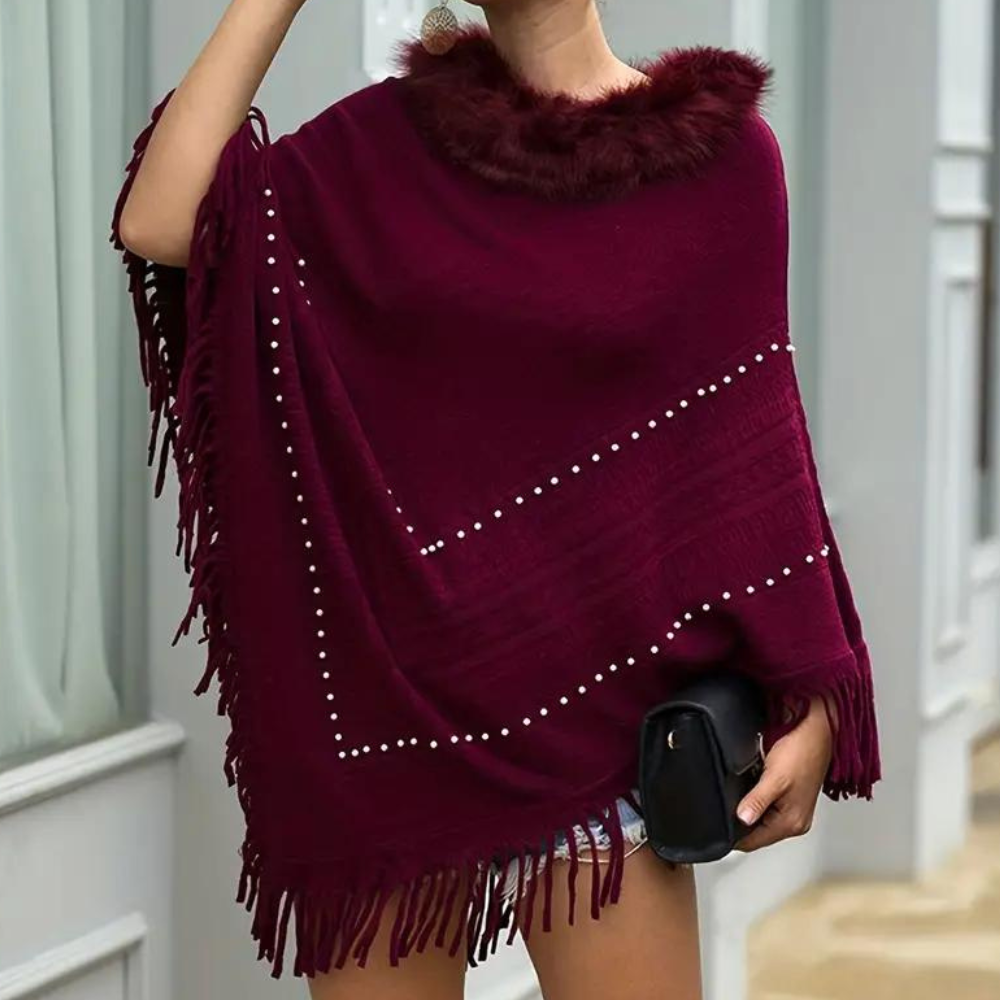 Isabella - Elegante Poncho met Franjes - Luxe Imitatiebontkraag - Voor Dames - Herfst & Lente
