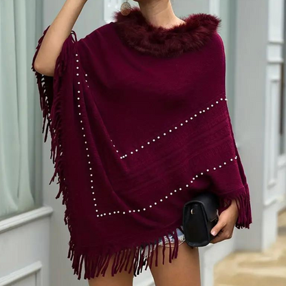 Isabella - Elegante Poncho met Franjes - Luxe Imitatiebontkraag - Voor Dames - Herfst & Lente