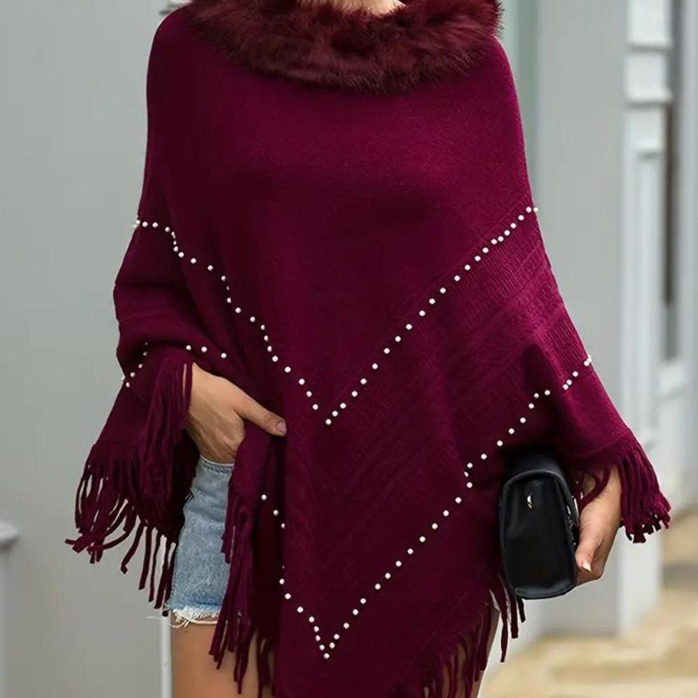 Isabella - Elegante Poncho met Franjes - Luxe Imitatiebontkraag - Voor Dames - Herfst & Lente