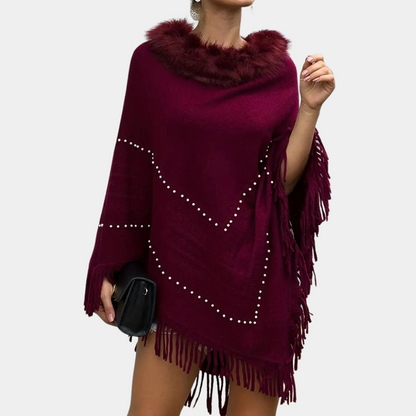 Isabella - Elegante Poncho met Franjes - Luxe Imitatiebontkraag - Voor Dames - Herfst & Lente