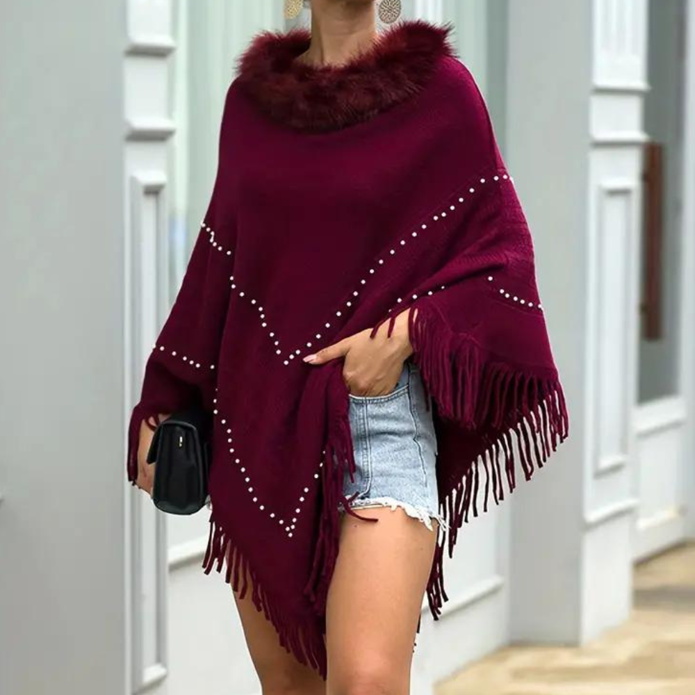 Isabella - Elegante Poncho met Franjes - Luxe Imitatiebontkraag - Voor Dames - Herfst & Lente